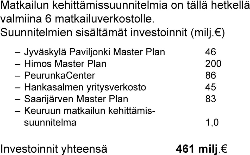 ) Jyväskylä y Paviljonki Master Plan 46 Himos Master Plan 200 PeurunkaCenter 86