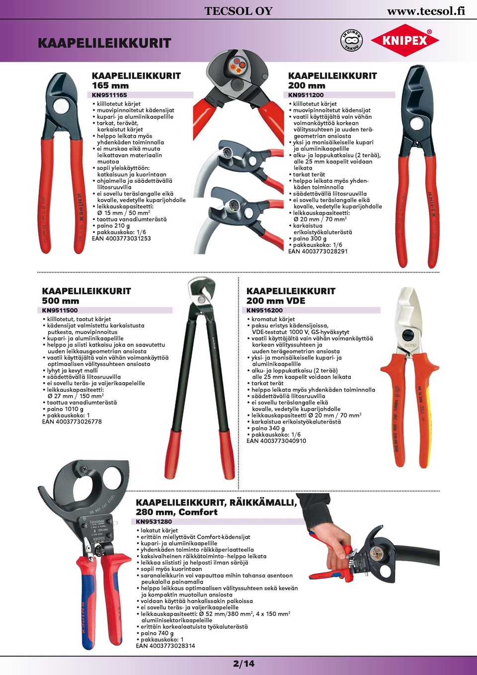 vanadiumterästä paino 210 g EAN 4003773031253 KAAPELILEIKKURIT 200 mm KN9511200 vaatii käyttäjältä vain vähän voimankäyttöä korkean välityssuhteen ja uuden terägeometrian ansiosta yksi ja