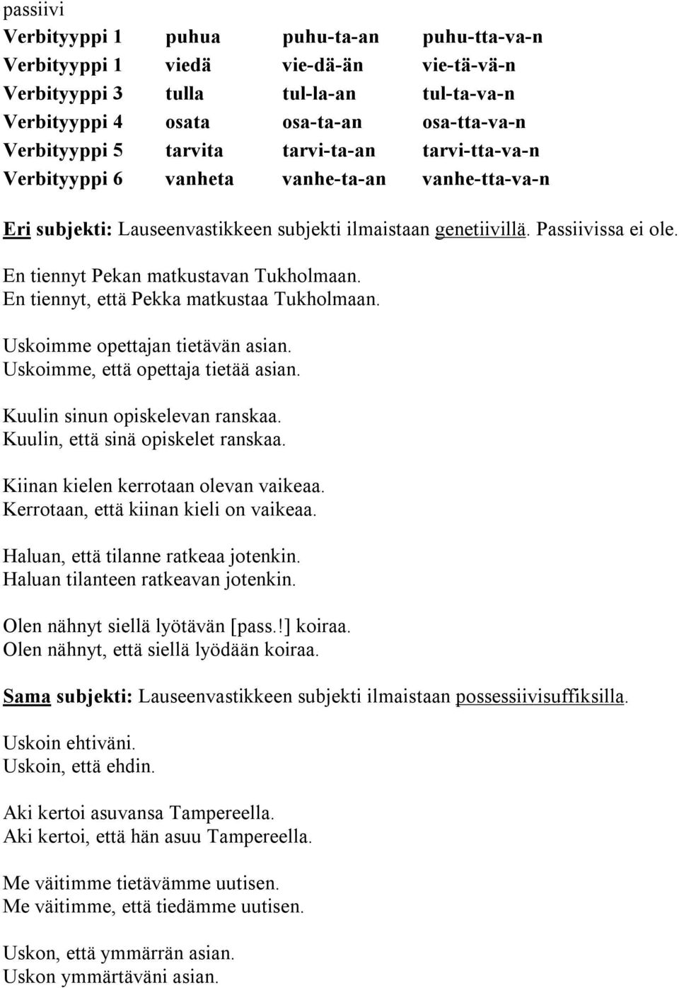 En tiennyt Pekan matkustavan Tukholmaan. En tiennyt, että Pekka matkustaa Tukholmaan. Uskoimme opettajan tietävän asian. Uskoimme, että opettaja tietää asian. Kuulin sinun opiskelevan ranskaa.