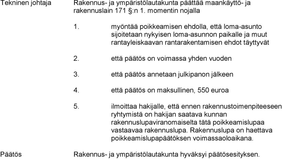 että päätös on voimassa yhden vuoden 3. että päätös annetaan julkipanon jälkeen 4. että päätös on maksullinen, 550 euroa 5.