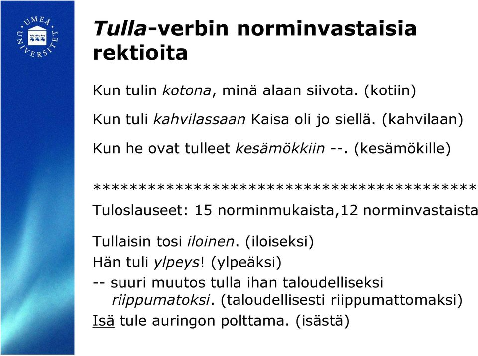 (kesämökille) ****************************************** Tuloslauseet: 15 norminmukaista,12 norminvastaista Tullaisin