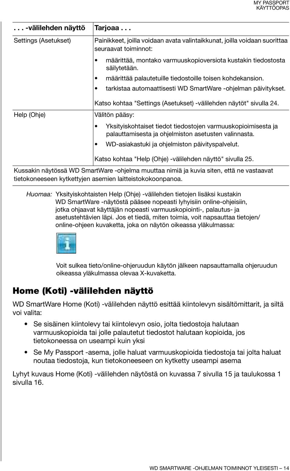 säilytetään. määrittää palautetuille tiedostoille toisen kohdekansion. tarkistaa automaattisesti WD SmartWare -ohjelman päivitykset. Katso kohtaa "Settings (Asetukset) -välilehden näytöt" sivulla 24.