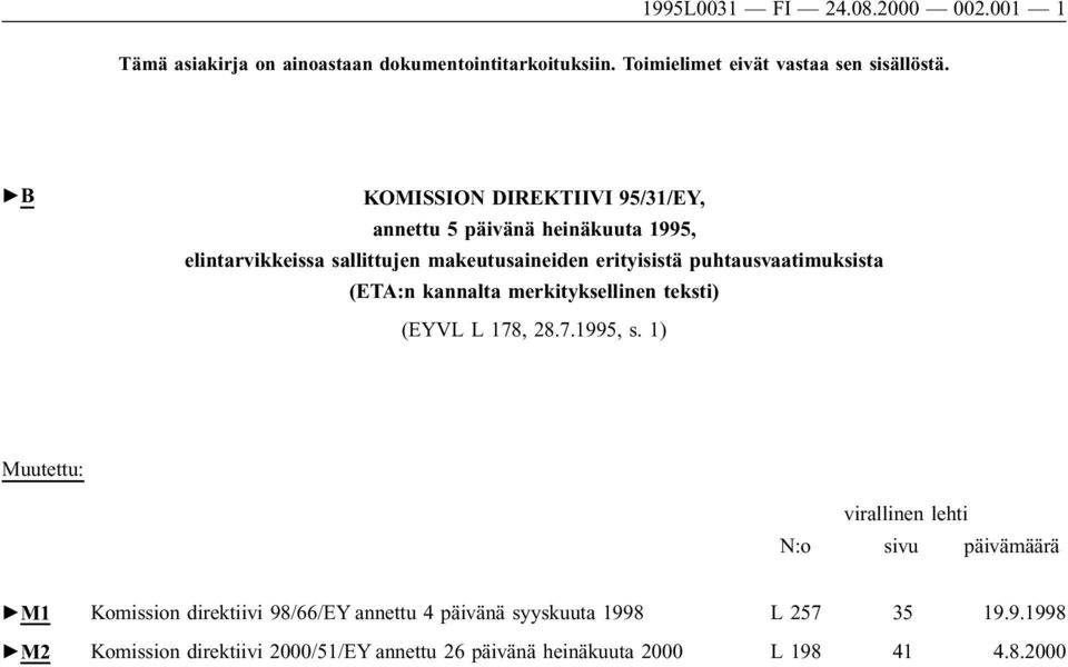 puhtausvaatimuksista (ETA:n kannalta merkityksellinen teksti) (EYVL L 178, 28.7.1995, s.