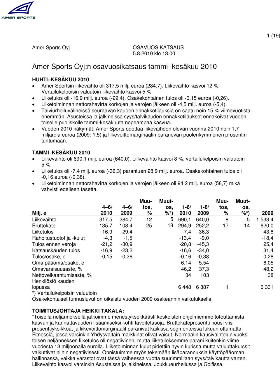 Liiketoiminnan nettorahavirta korkojen ja verojen jälkeen oli -4,5 milj. euroa (-5,4). Talviurheiluvälineissä seuraavan kauden ennakkotilauksia on saatu noin 15 viimevuotista enemmän.