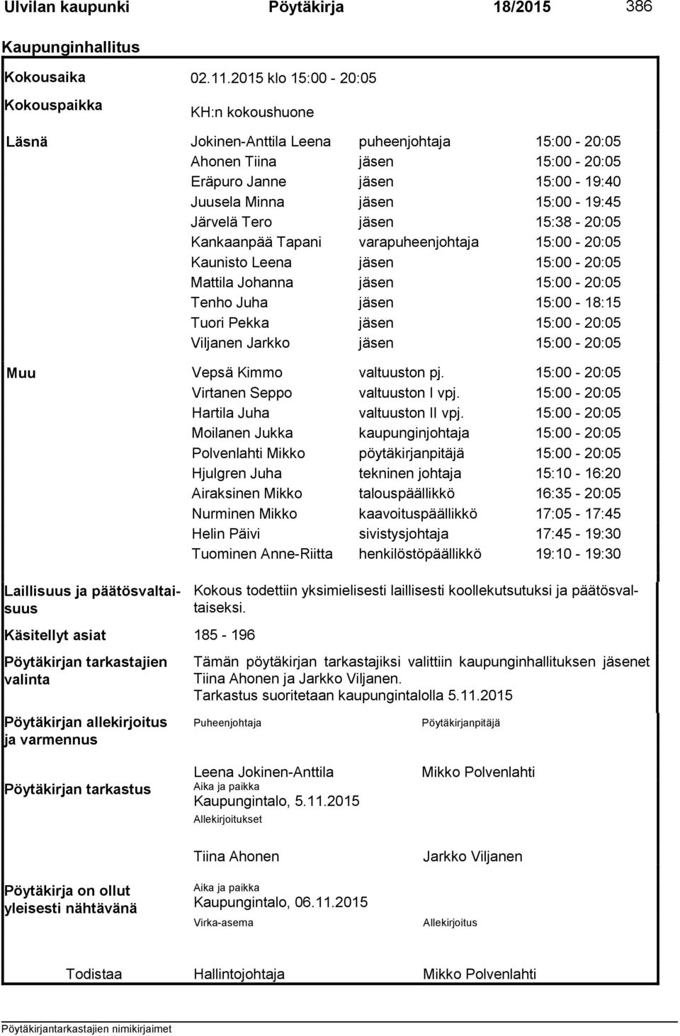 Järvelä Tero jäsen 15:38-20:05 Kankaanpää Tapani varapuheenjohtaja 15:00-20:05 Kaunisto Leena jäsen 15:00-20:05 Mattila Johanna jäsen 15:00-20:05 Tenho Juha jäsen 15:00-18:15 Tuori Pekka jäsen