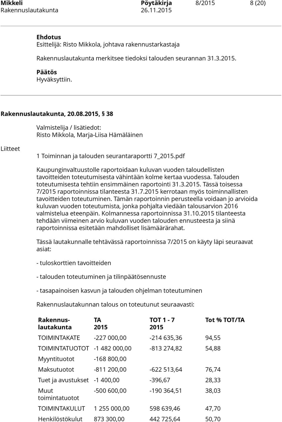 pdf Kaupunginvaltuustolle raportoidaan kuluvan vuoden taloudellisten tavoitteiden toteutumisesta vähintään kolme kertaa vuodessa. Talouden toteutumisesta tehtiin ensimmäinen raportointi 31.3.2015.