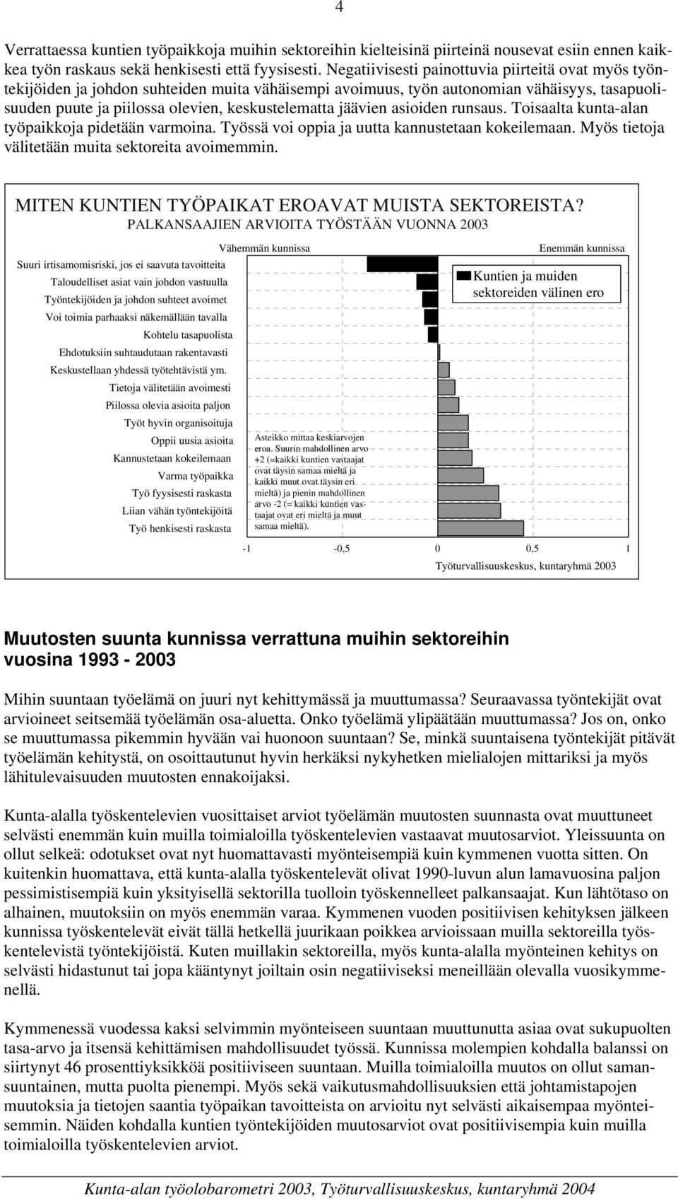 jäävien asioiden runsaus. Toisaalta kunta-alan työpaikkoja pidetään varmoina. Työssä voi oppia ja uutta kannustetaan kokeilemaan. Myös tietoja välitetään muita sektoreita avoimemmin.