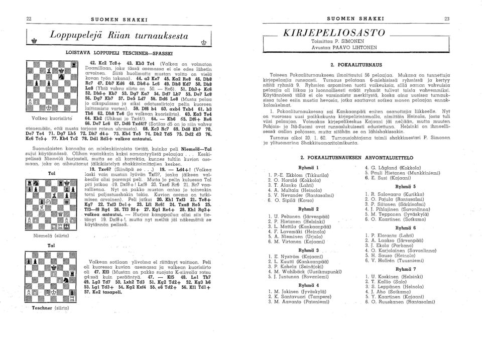 Db7 Kd6 48. Db6 + Le6 49. Db8 Kd7 50. Dh8 La8 (Yhtä vahva siirto on 50. - Re6'). 51. Dh3+ Ke6 52. Dh6+ Kb7 53. Dg7 Ka7 54. Dd7 Lb7 55. De7 Le8 56. Dg7 Kb7 57. DeS Ld7 58.