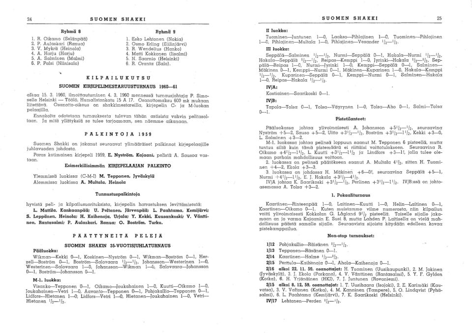 19'60, ilmoittautuminen 4. 3. 19'600 mennessä turnausjohtaja P. Simoselle Helsinki - Töölö, Humalistonkatu 15 A 17. Osanottomaksu 6.00 mk mukaan liitettävä.