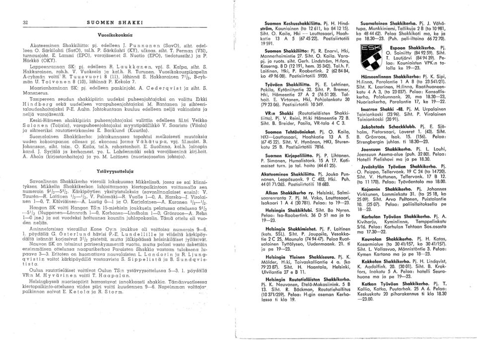 Vuoksela ja kal.h. R. Turunen. Vuosikokouspikapelin A-ryhmän voitti R. Tuusvuori 8 (II), lähinnä S. Hakkarainen 7 1 12, B-ryhmän U. Toi von e n 8 (10), lähinnä P. Kekola 7. Maarianhaminan SK: pj.