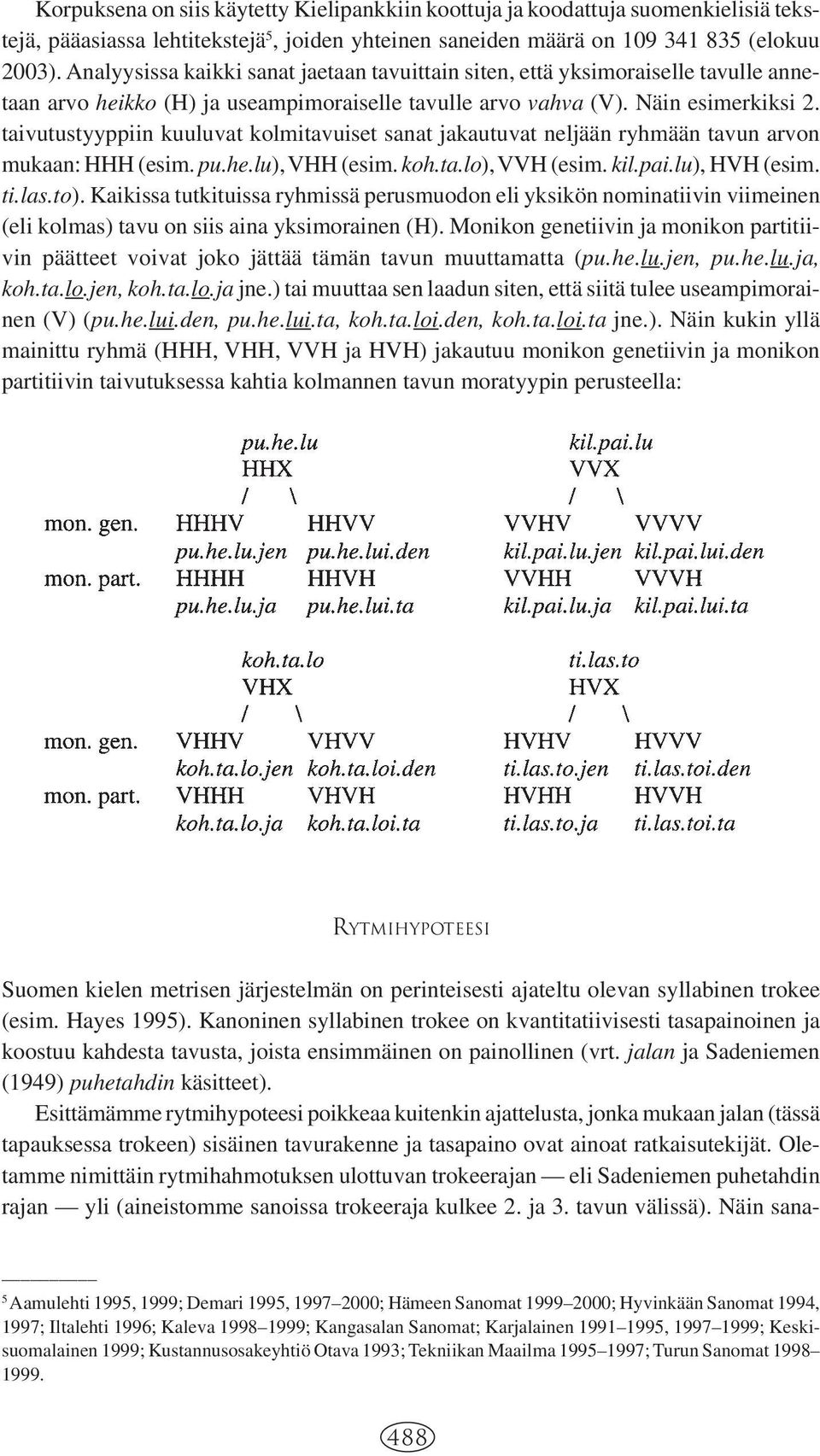 taivutustyyppiin kuuluvat kolmitavuiset sanat jakautuvat neljään ryhmään tavun arvon mukaan: HHH (esim. pu.he.lu), VHH (esim. koh.ta.lo), VVH (esim. kil.pai.lu), HVH (esim. ti.las.to).