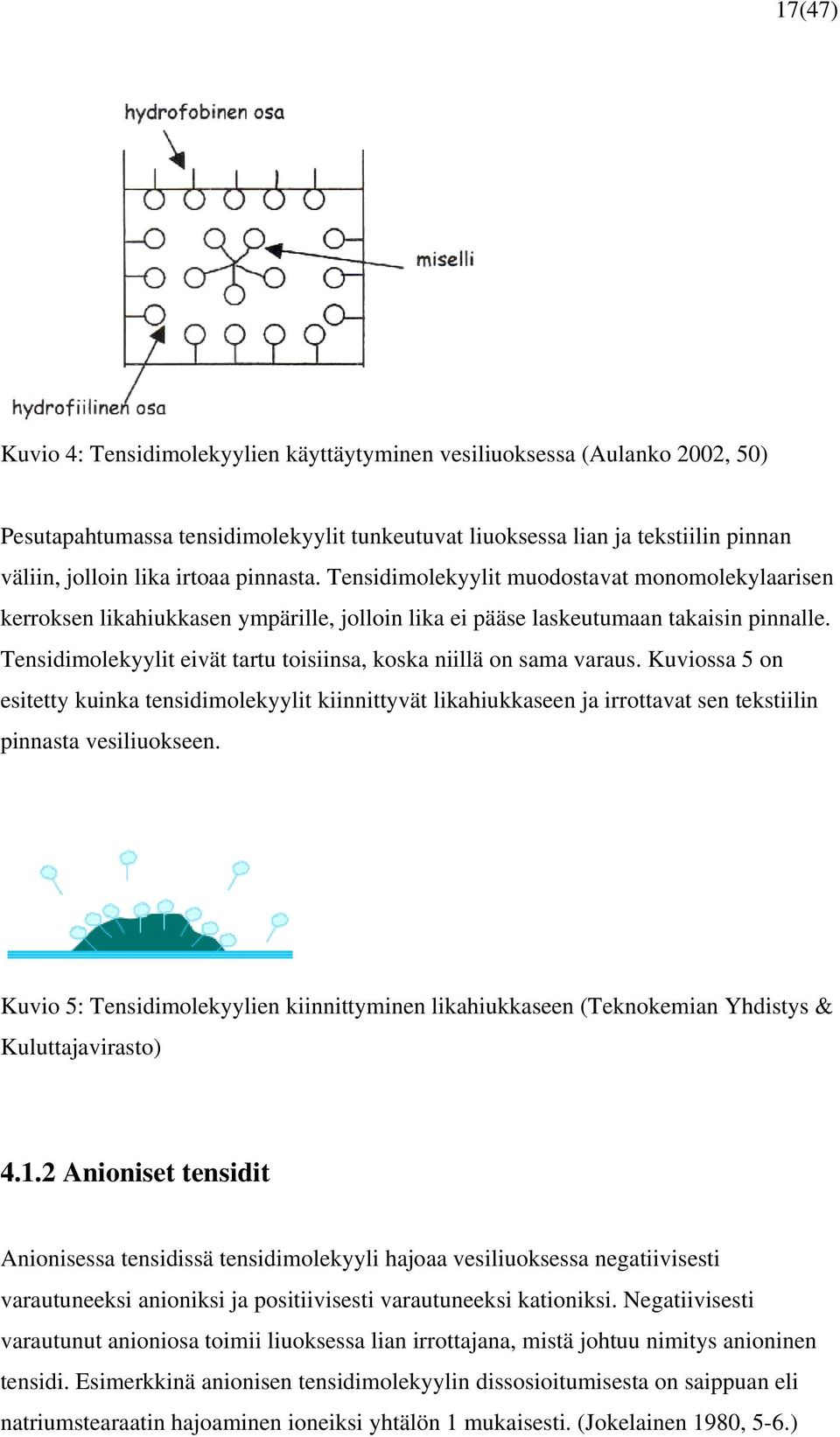 Tensidimolekyylit eivät tartu toisiinsa, koska niillä on sama varaus. Kuviossa 5 on esitetty kuinka tensidimolekyylit kiinnittyvät likahiukkaseen ja irrottavat sen tekstiilin pinnasta vesiliuokseen.