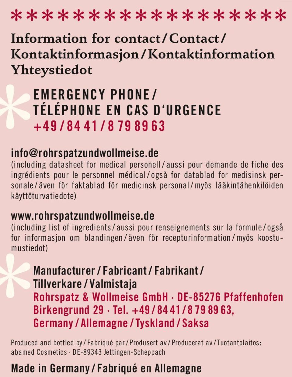 personal / myös lääkintähenkilöiden käyttöturvatiedote) www.rohrspatzundwollmeise.