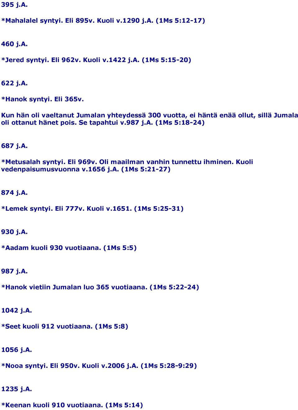 Oli maailman vanhin tunnettu ihminen. Kuoli vedenpaisumusvuonna v.1656 j.a. (1Ms 5:21-27) 874 j.a. *Lemek syntyi. Eli 777v. Kuoli v.1651. (1Ms 5:25-31) 930 j.a. *Aadam kuoli 930 vuotiaana.