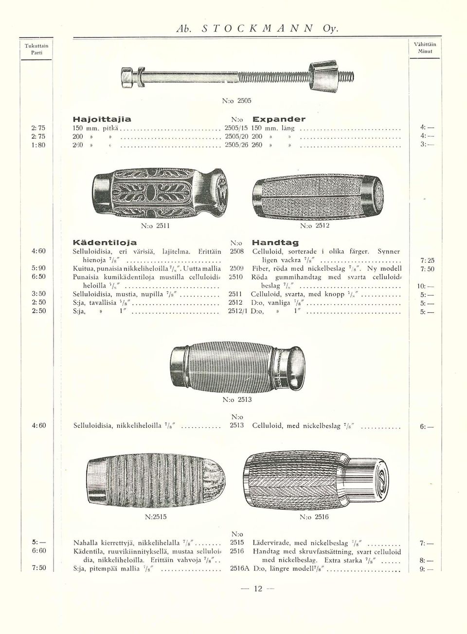 Ny modell 7:50 6:50 Punaisia kumikädentiloja mustilla celluloidi 2510 Röda gummihandtag med svarta celluloid heloilla '/ s beslag 7 / s 10: 3:50 Selluloidisia, mustia, nupilla 7 /s 2511 Celluloid,