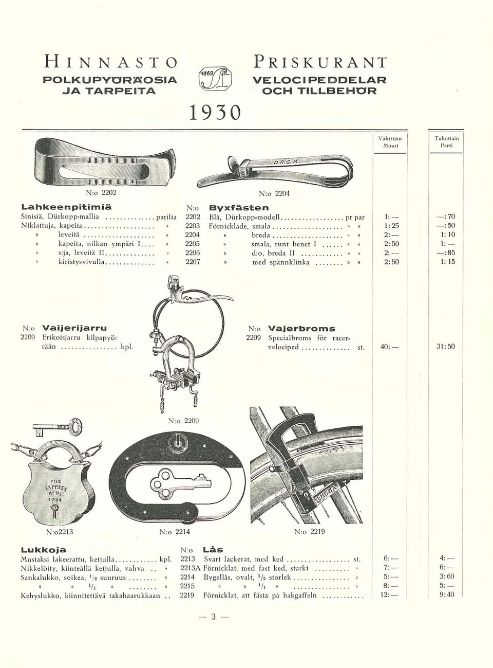 .., kapeita, 2205 smala, runt benet «2:50 1: s:ja, leveitä 2206 d:o, breda 2: :B5 kiristysvivulla * 2207 med spännklinka 2:50 1: 15 Vaijerijarru 2209 Erikoisjarru kilpapyö rään kpl.