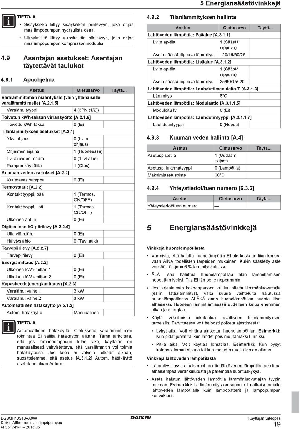 .. Varalämmittimen määritykset (vain yhtenäiselle varalämmittimelle) [A.2.1.5] Varaläm. tyyppi 4 (3PN,(1/2)) Toivotun kwh taksan virransyöttö [A.2.1.6] Toivottu kwh taksa Tilanlämmityksen asetukset [A.