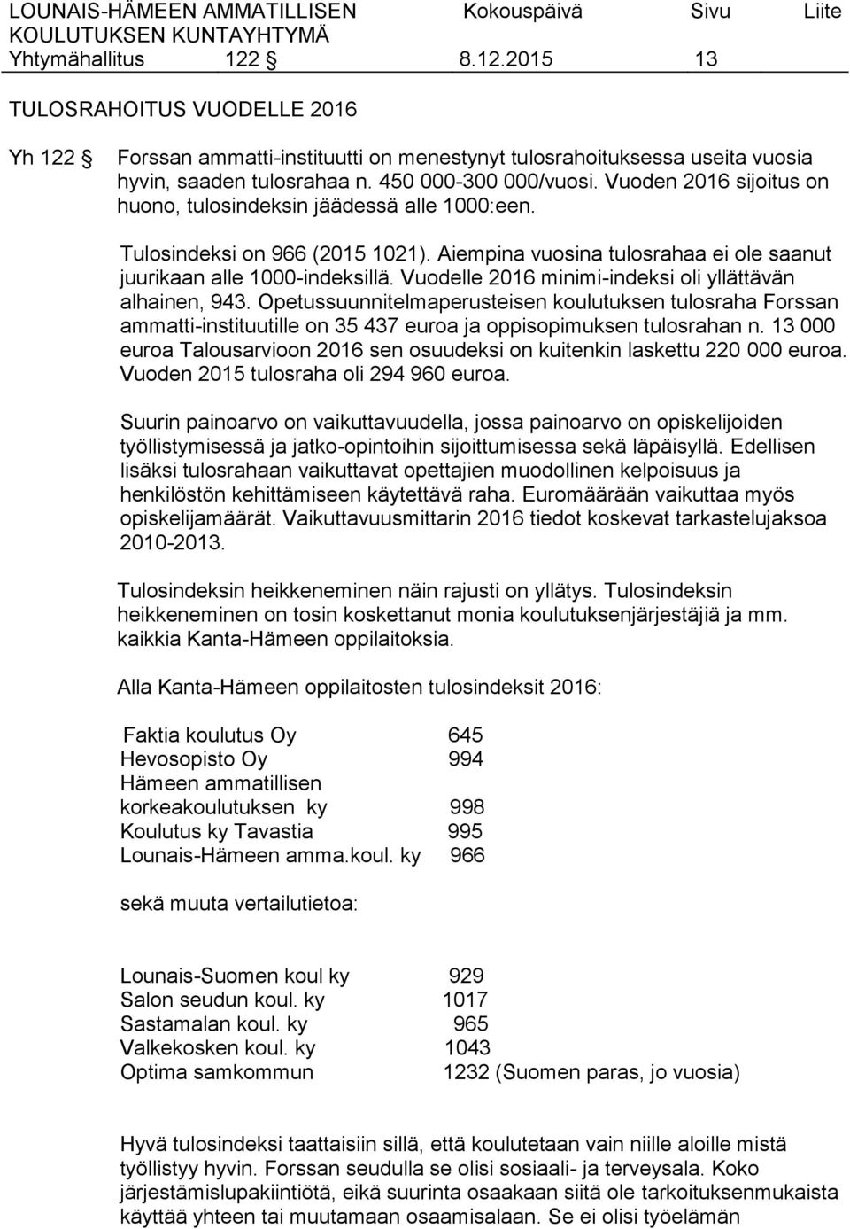 Vuodelle 2016 minimi-indeksi oli yllättävän alhainen, 943. Opetussuunnitelmaperusteisen koulutuksen tulosraha Forssan ammatti-instituutille on 35 437 euroa ja oppisopimuksen tulosrahan n.