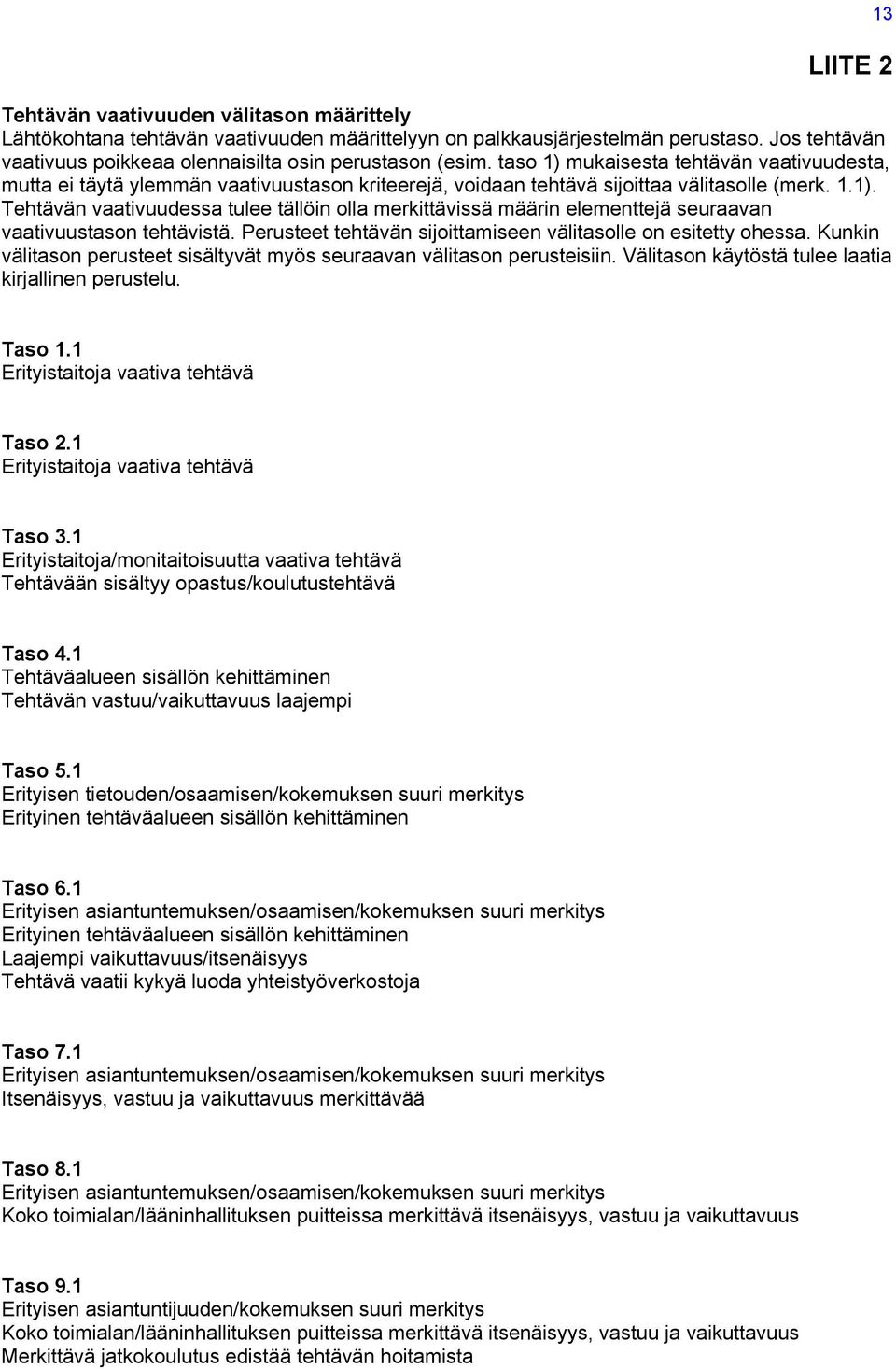 taso 1) mukaisesta tehtävän vaativuudesta, mutta ei täytä ylemmän vaativuustason kriteerejä, voidaan tehtävä sijoittaa välitasolle (merk. 1.1). Tehtävän vaativuudessa tulee tällöin olla merkittävissä määrin elementtejä seuraavan vaativuustason tehtävistä.