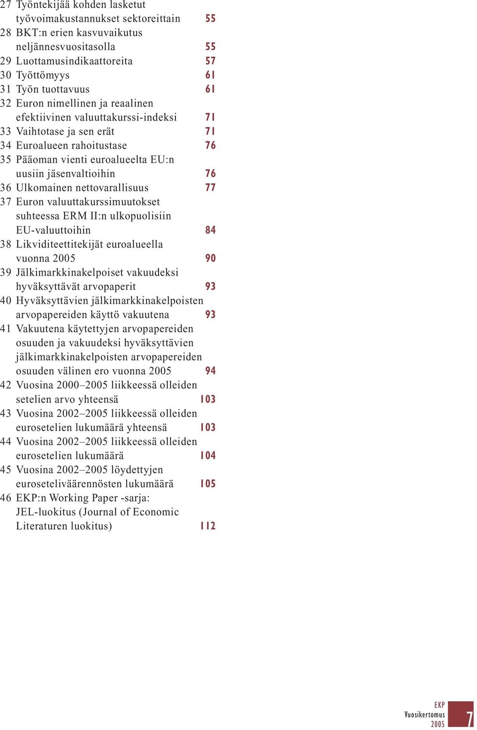 Ulkomainen nettovarallisuus 77 37 Euron valuuttakurssimuutokset suhteessa ERM II:n ulkopuolisiin EU-valuuttoihin 84 38 Likviditeettitekijät euroalueella vuonna 90 39 Jälkimarkkinakelpoiset vakuudeksi