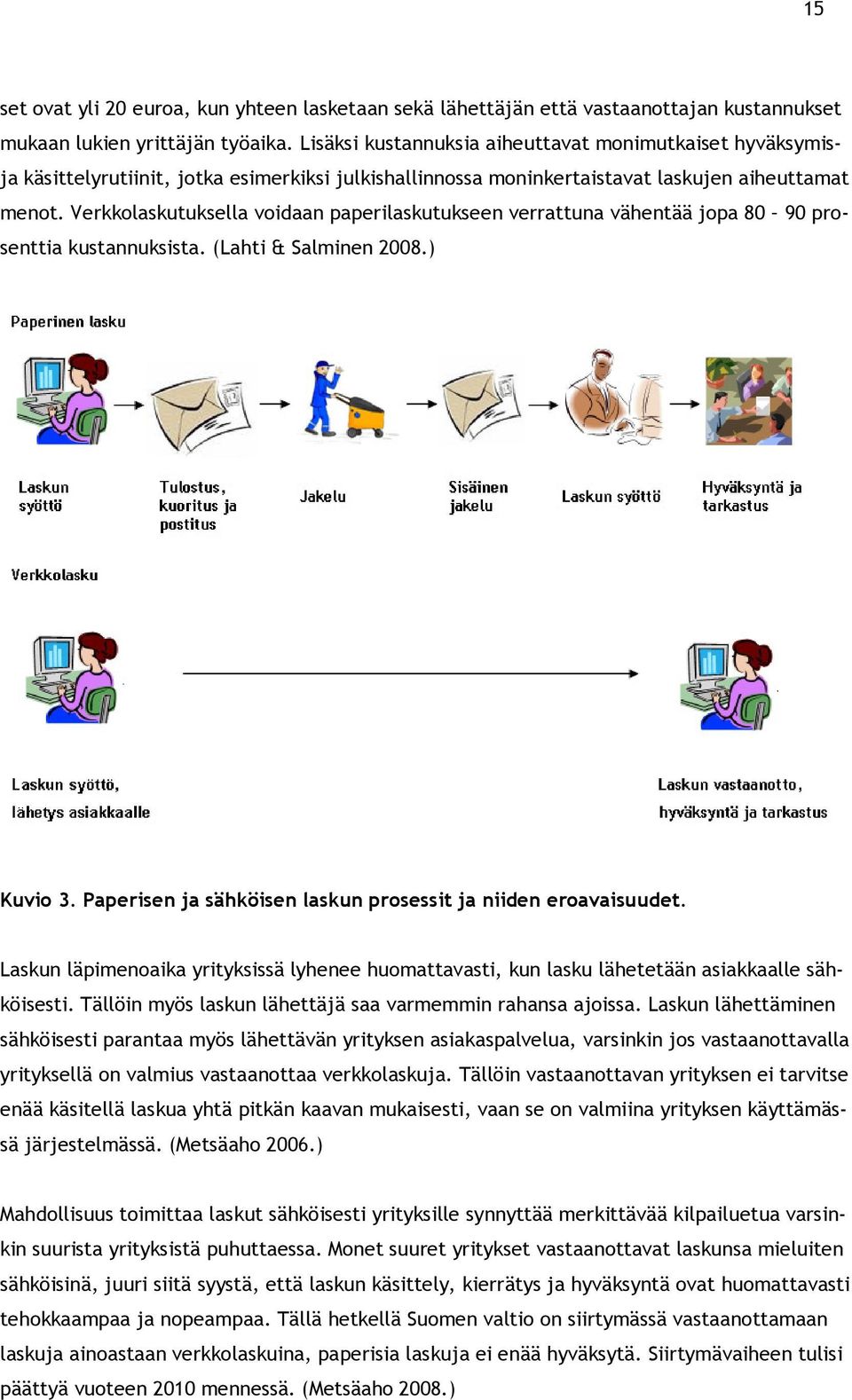 Verkkolaskutuksella voidaan paperilaskutukseen verrattuna vähentää jopa 80 90 prosenttia kustannuksista. (Lahti & Salminen 2008.) Kuvio 3.