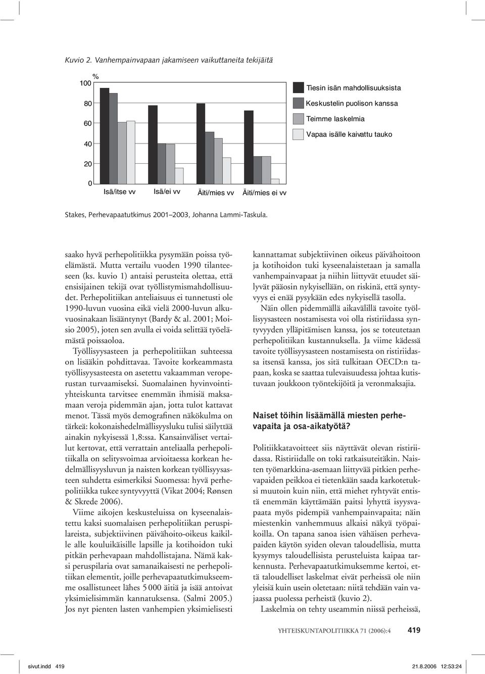 Äiti/mies vv Äiti/mies ei vv Stakes, Perhevapaatutkimus 2001 2003, Johanna Lammi-Taskula. saako hyvä perhepolitiikka pysymään poissa työelämästä. Mutta vertailu vuoden 1990 tilanteeseen (ks.