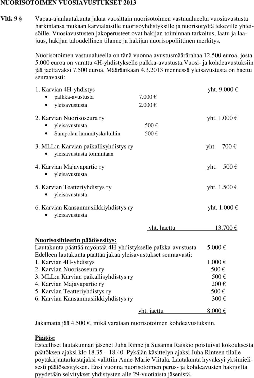 Nuorisotoimen vastuualueella on tänä vuonna avustusmäärärahaa 12.500 euroa, josta 5.000 euroa on varattu 4H-yhdistykselle palkka-avustusta.vuosi- ja kohdeavustuksiin jää jaettavaksi 7.500 euroa. Määräaikaan 4.