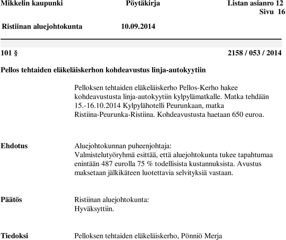 Kohdeavustusta haetaan 650 euroa.