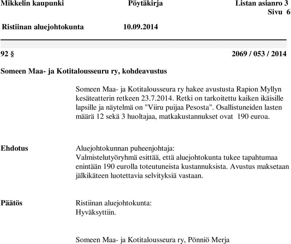 Osallistuneiden lasten määrä 12 sekä 3 huoltajaa, matkakustannukset ovat 190 euroa.