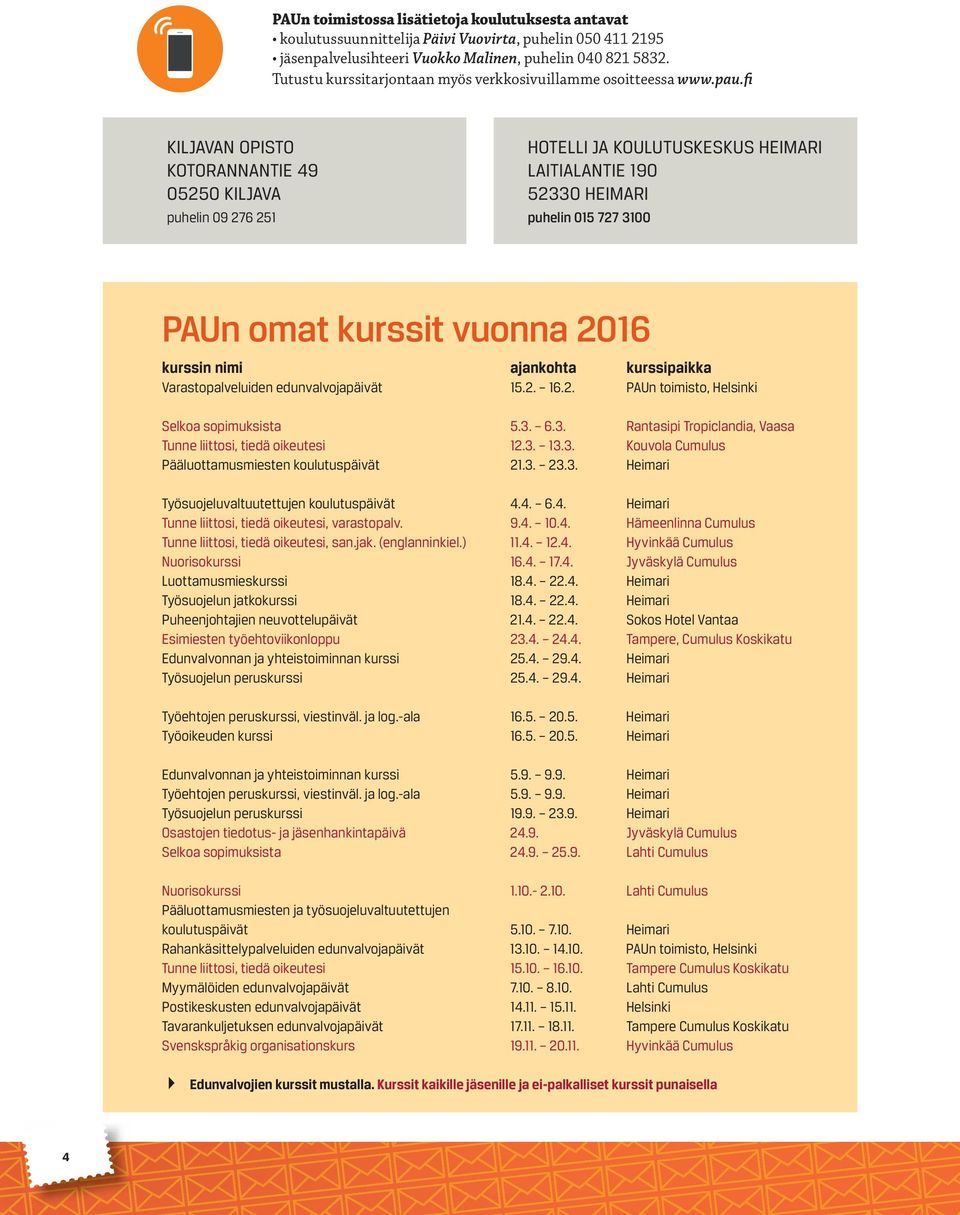 fi KILJAVAN OPISTO KOTORANNANTIE 49 05250 KILJAVA puhelin 09 276 251 HOTELLI JA KOULUTUSKESKUS HEIMARI LAITIALANTIE 190 52330 HEIMARI puhelin 015 727 3100 PAUn omat kurssit vuonna 2016 kurssin nimi