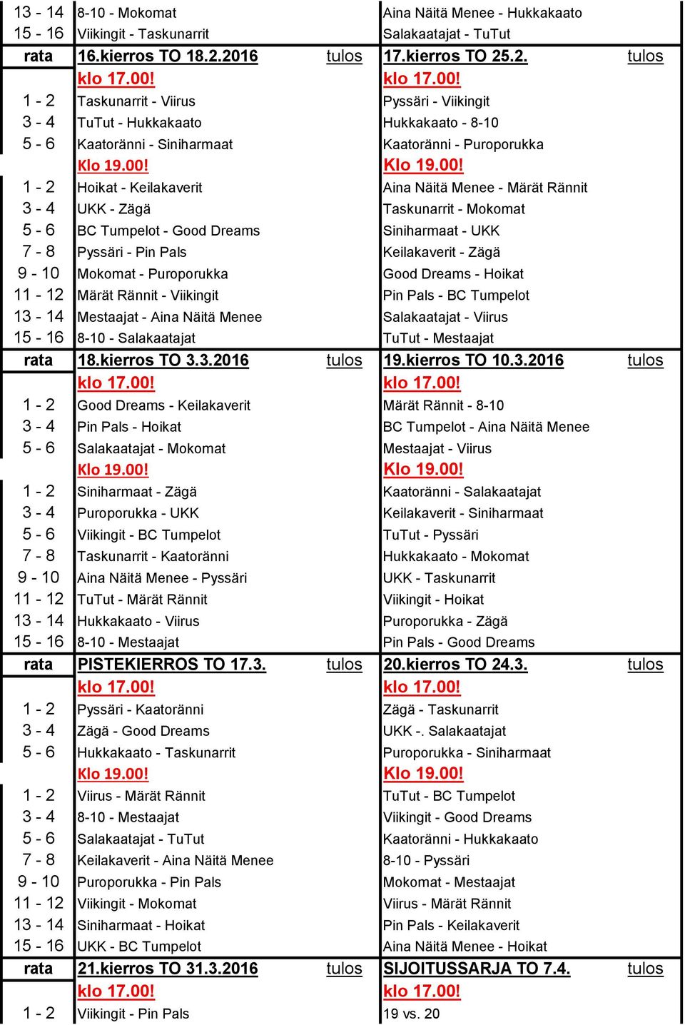 Keilakaverit Aina Näitä Menee - Märät Rännit 3-4 UKK - Zägä Taskunarrit - Mokomat 5-6 BC Tumpelot - Good Dreams Siniharmaat - UKK 7-8 Pyssäri - Pin Pals Keilakaverit - Zägä 9-10 Mokomat - Puroporukka