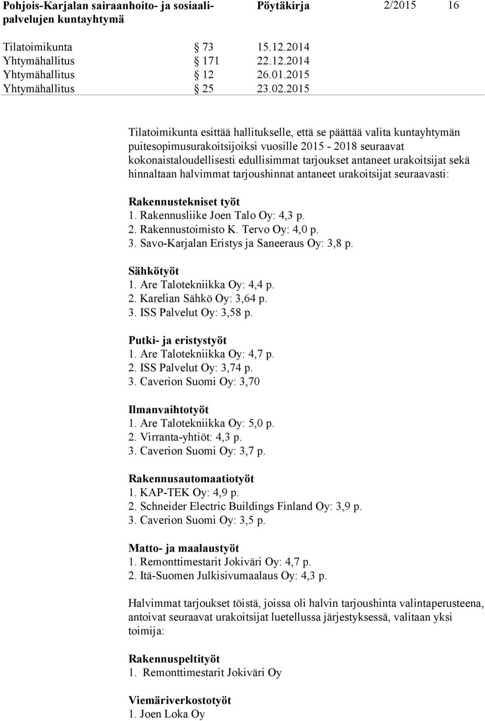 hinnaltaan halvimmat tarjoushinnat antaneet urakoitsijat seuraavasti: Rakennustekniset työt 1. Rakennusliike Joen Talo Oy: 4,3 p. 2. Rakennustoimisto K. Tervo Oy: 4,0 p. 3.