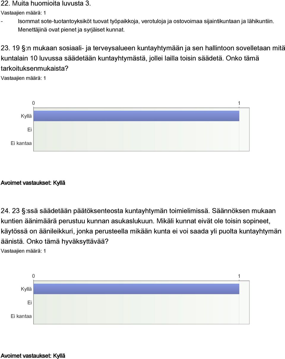 Onko tämä tarkoituksenmukaista? kantaa Avoimet vastaukset: 24. 23 :ssä säädetään päätöksenteosta kuntayhtymän toimielimissä.