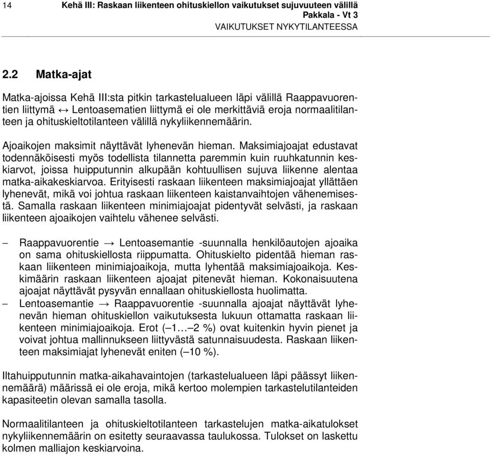 välillä nykyliikennemäärin. Ajoaikojen maksimit näyttävät lyhenevän hieman.