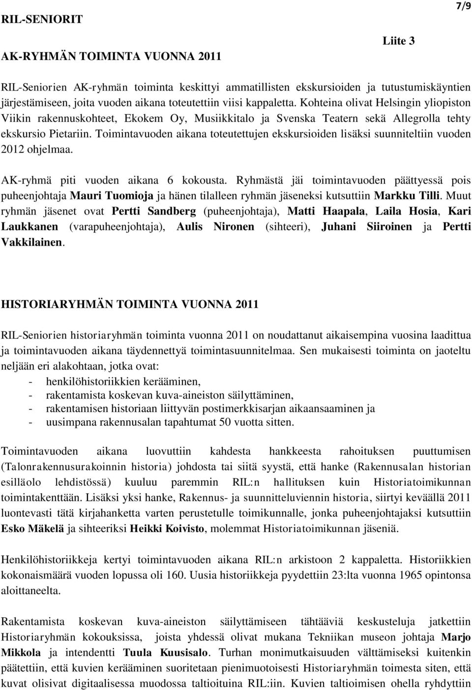 Toimintavuoden aikana toteutettujen ekskursioiden lisäksi suunniteltiin vuoden 2012 ohjelmaa. AK-ryhmä piti vuoden aikana 6 kokousta.