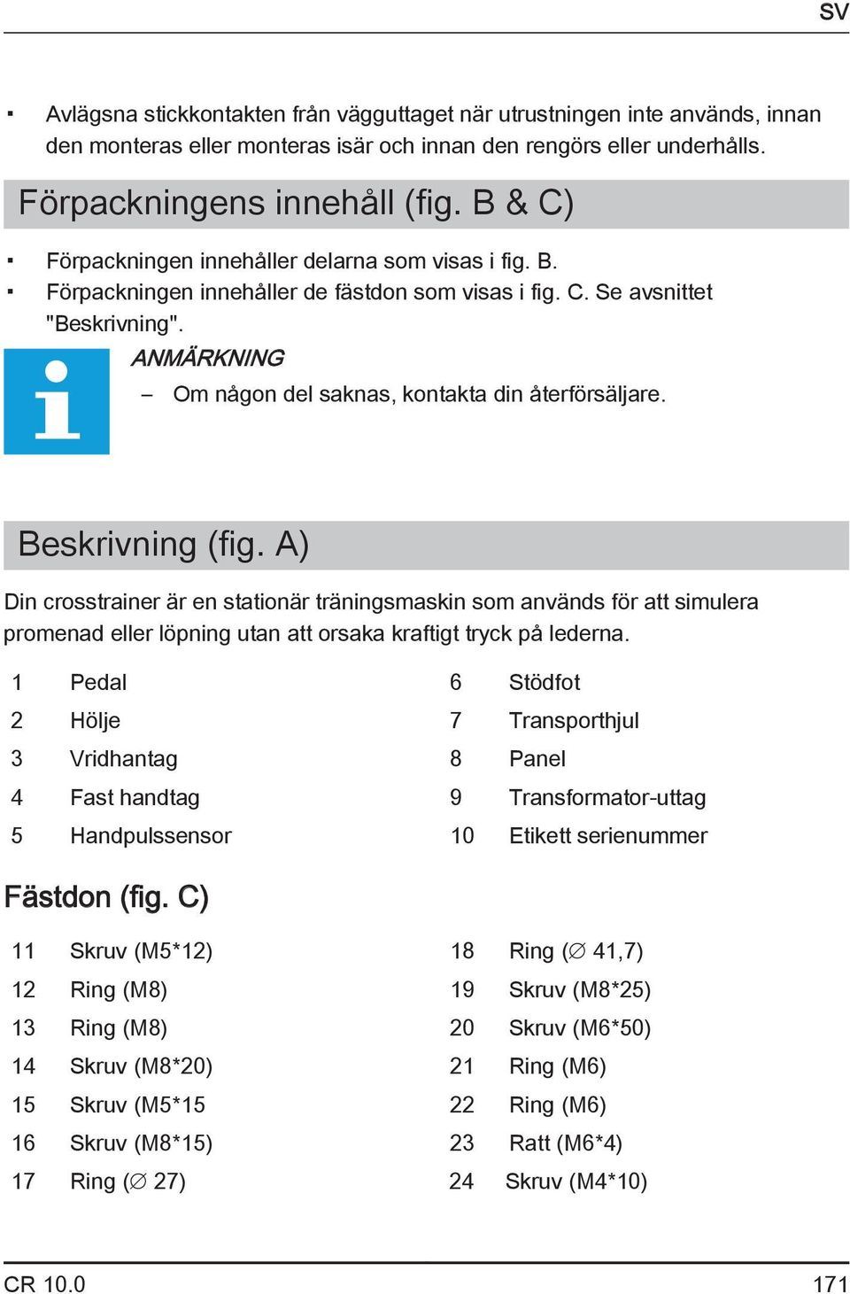 ANMÄRKNING Om någon del saknas, kontakta din återförsäljare. Beskrivning (fig.