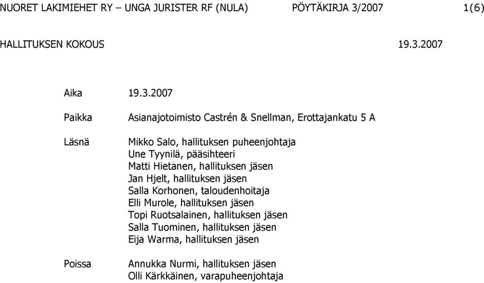 puheenjohtaja Une Tyynilä, pääsihteeri Matti Hietanen, hallituksen jäsen Jan Hjelt, hallituksen jäsen Salla