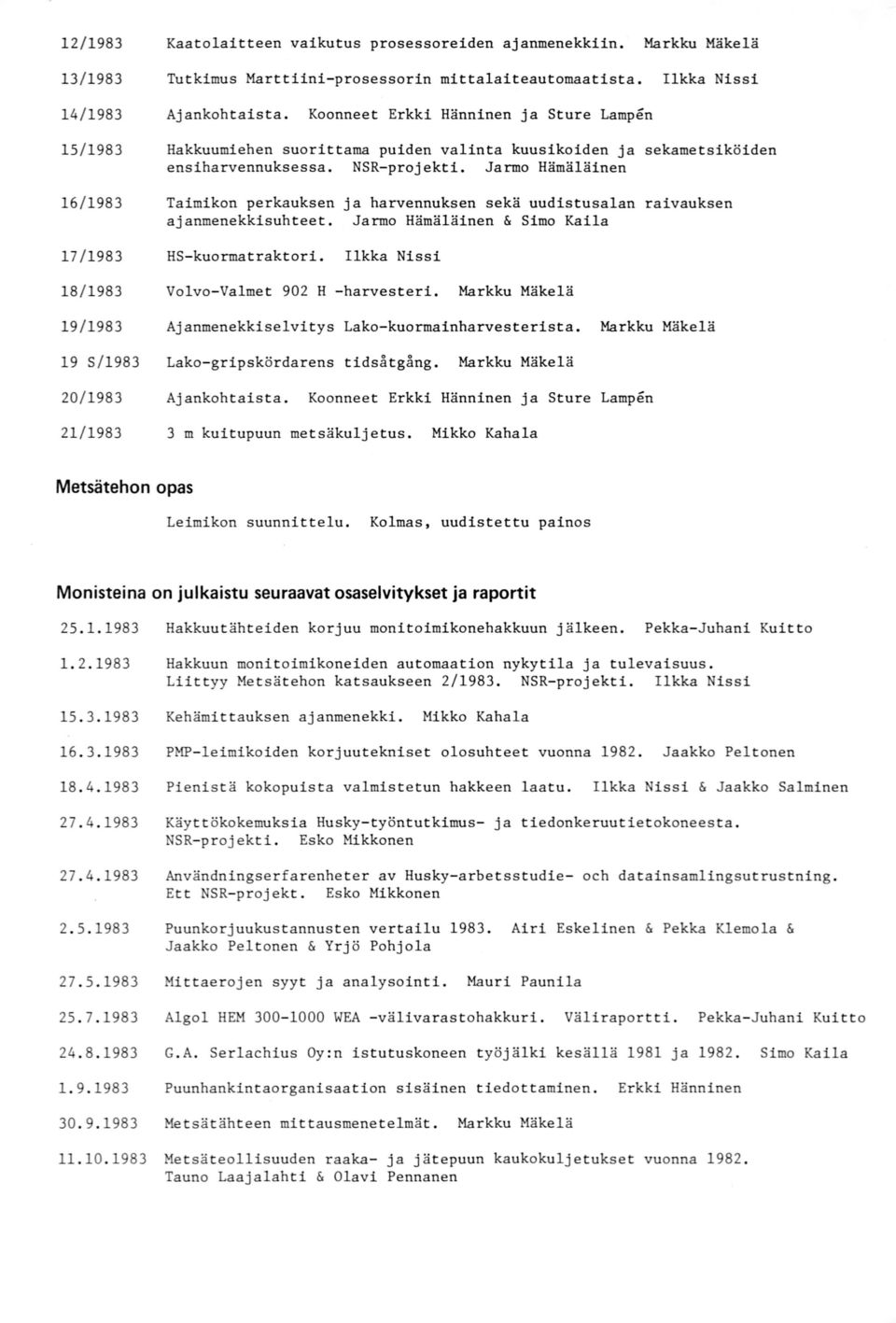 Jarmo Hämäläinen Taimikon perkauksen ja harvennuksen sekä uudistusalan raivauksen ajanmenekkisuhteet. Jarmo Hämäläinen & Simo Kaila 17/1983 HS-kuormatraktori.