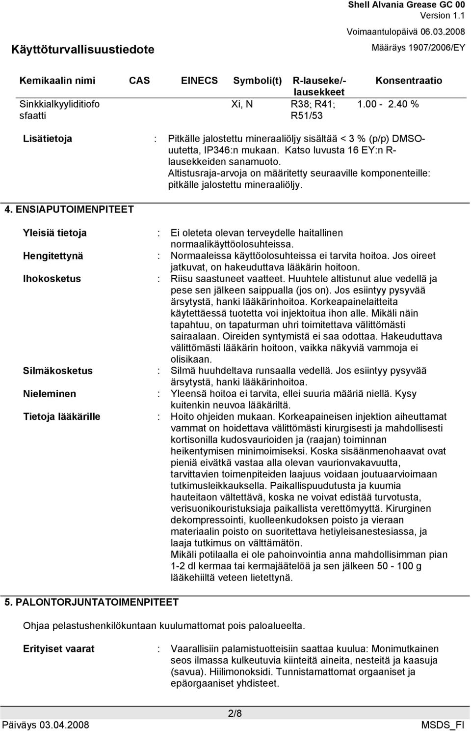 Altistusraja-arvoja on määritetty seuraaville komponenteille: pitkälle jalostettu mineraaliöljy. 4.