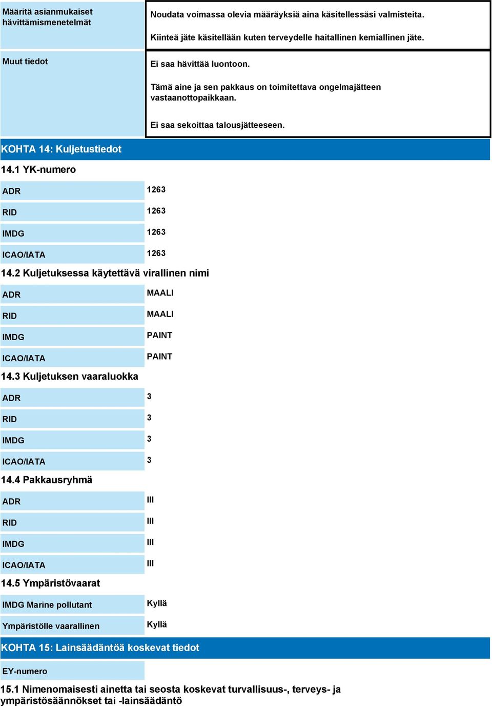 1 YK-numero ADR 1263 RID 1263 IMDG 1263 ICAO/IATA 1263 14.2 Kuljetuksessa käytettävä virallinen nimi ADR RID IMDG ICAO/IATA MAALI MAALI PAINT PAINT 14.