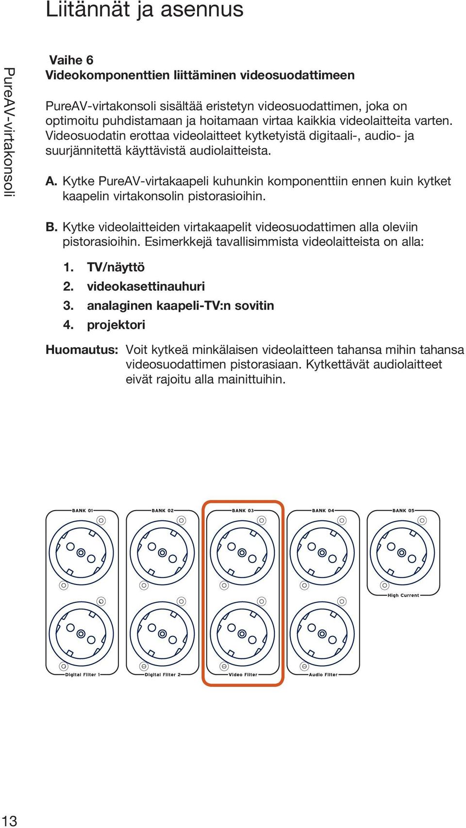 Kytke PureAV-virtakaapeli kuhunkin komponenttiin ennen kuin kytket kaapelin virtakonsolin pistorasioihin. B. Kytke videolaitteiden virtakaapelit videosuodattimen alla oleviin pistorasioihin.