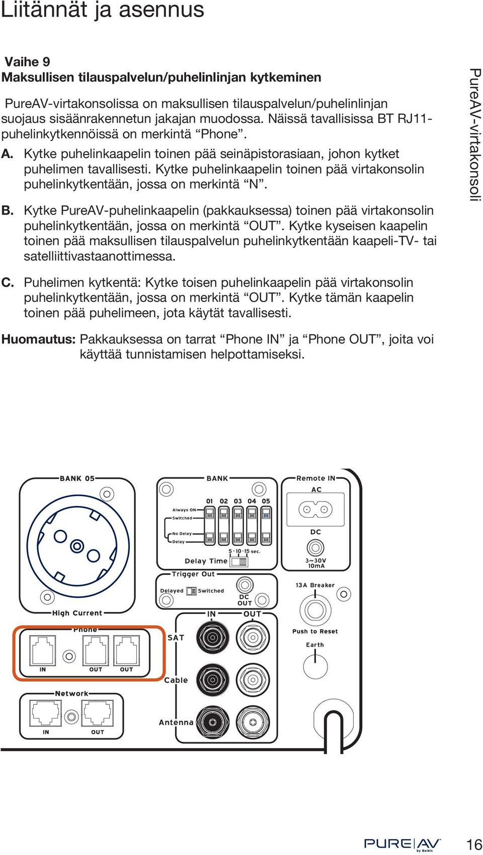 Kytke puhelinkaapelin toinen pää virtakonsolin puhelinkytkentään, jossa on merkintä N. B. Kytke PureAV-puhelinkaapelin (pakkauksessa) toinen pää virtakonsolin puhelinkytkentään, jossa on merkintä OUT.