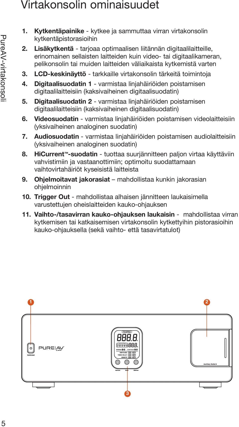 varten 3. LCD-keskinäyttö - tarkkaille virtakonsolin tärkeitä toimintoja 4. Digitaalisuodatin 1 - varmistaa linjahäiriöiden poistamisen digitaalilaitteisiin (kaksivaiheinen digitaalisuodatin) 5.