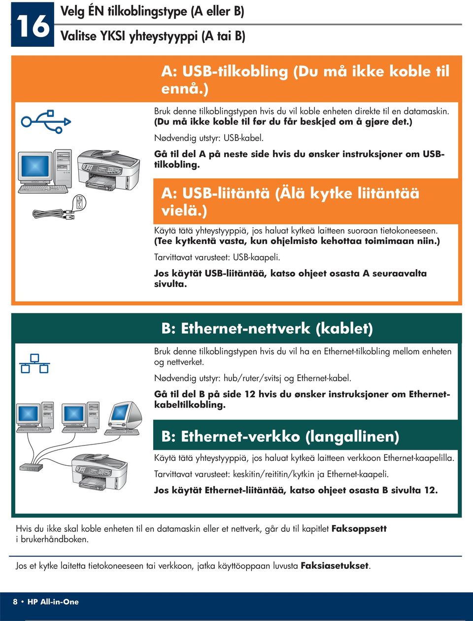 Gå til del A på neste side hvis du ønsker instruksjoner om USBtilkobling. A: USB-liitäntä (Älä kytke liitäntää vielä.) Käytä tätä yhteystyyppiä, jos haluat kytkeä laitteen suoraan tietokoneeseen.