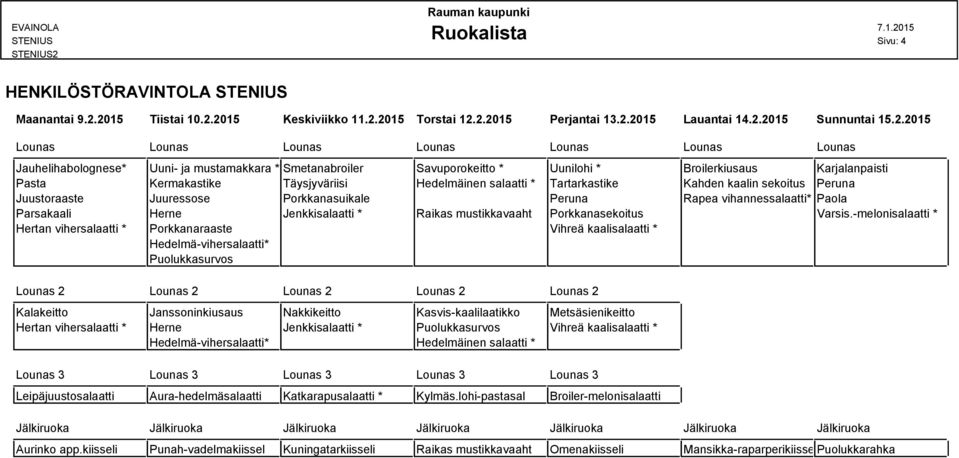 Porkkanasuikale Peruna Rapea vihannessalaatti* Paola Parsakaali Herne Jenkkisalaatti * Raikas mustikkavaaht Porkkanasekoitus Varsis.