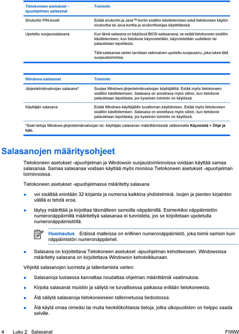 Kun tämä salasana on käytössä BIOS-salasanana, se estää tietokoneen sisällön käsittelemisen, kun tietokone käynnistetään, käynnistetään uudelleen tai palautetaan lepotilasta.