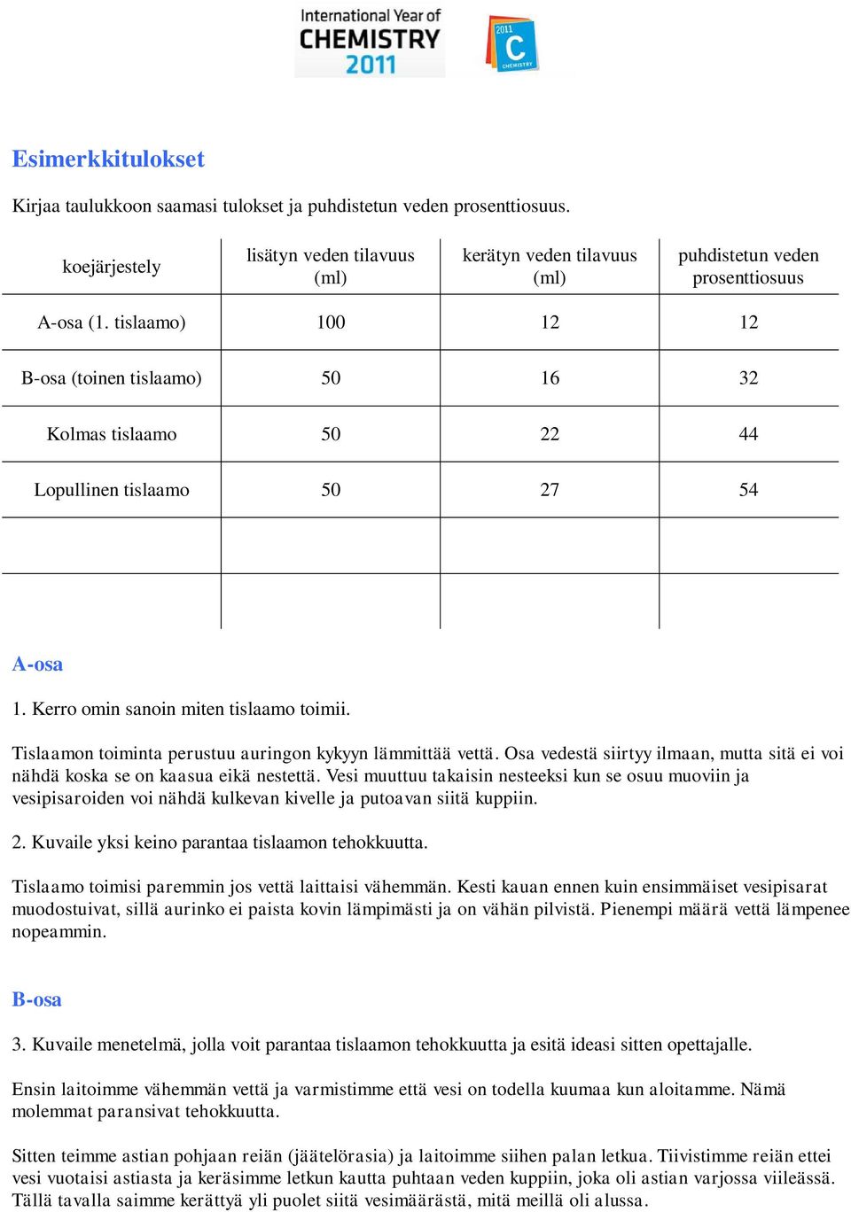 tislaamo) 100 12 12 B-osa (toinen tislaamo) 50 16 32 Kolmas tislaamo 50 22 44 Lopullinen tislaamo 50 27 54 A-osa 1. Kerro omin sanoin miten tislaamo toimii.