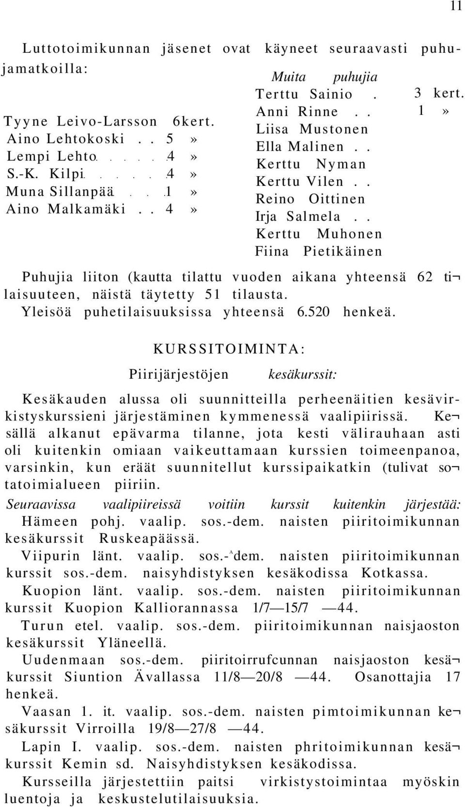 1» Puhujia liiton (kautta tilattu vuoden aikana yhteensä 62 ti laisuuteen, näistä täytetty 51 tilausta. Yleisöä puhetilaisuuksissa yhteensä 6.520 henkeä.