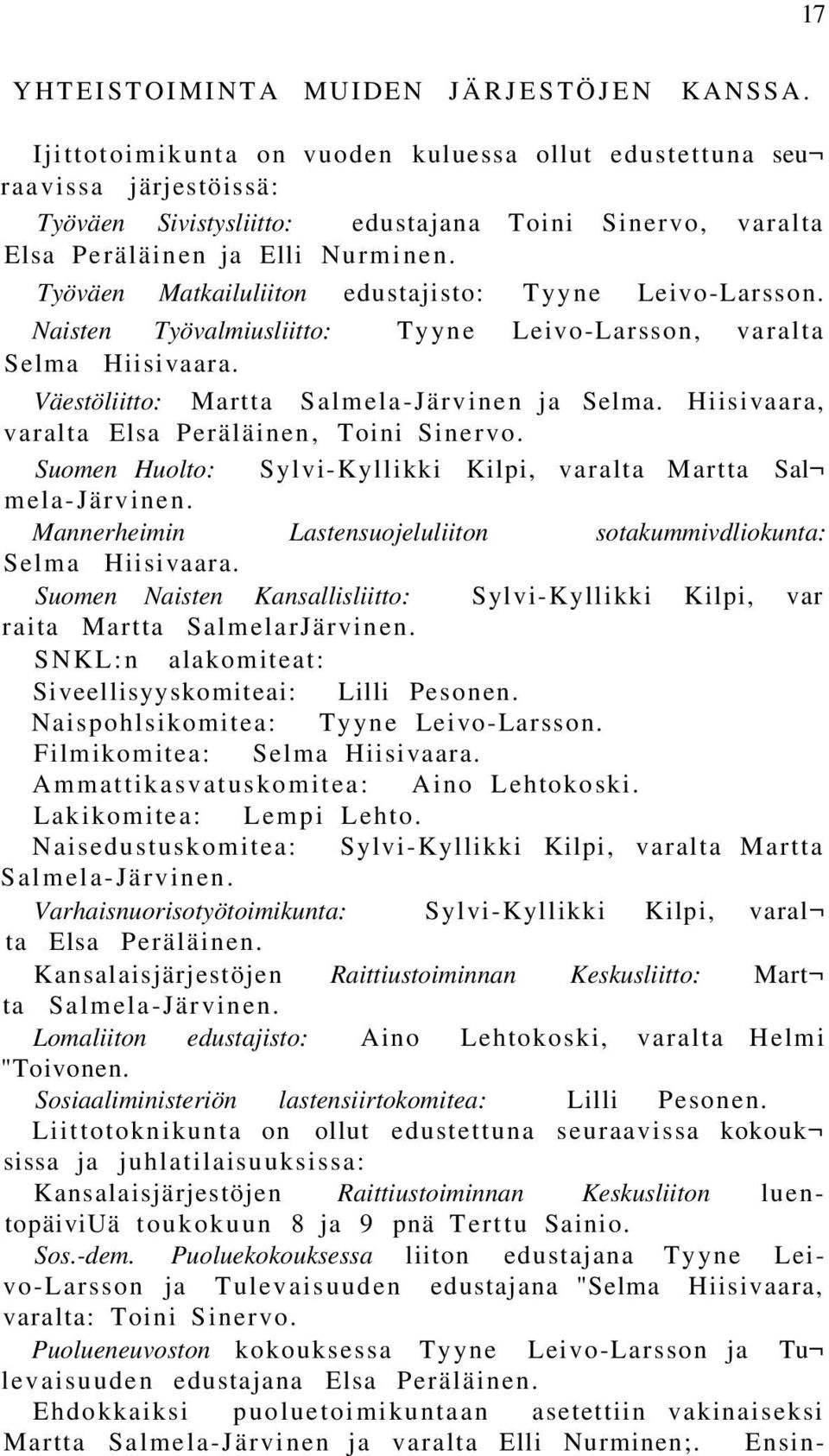 Työväen Matkailuliiton edustajisto: Tyyne Leivo-Larsson. Naisten Työvalmiusliitto: Tyyne Leivo-Larsson, varalta Selma Hiisivaara. Väestöliitto: Martta Salmela-Järvinen ja Selma.