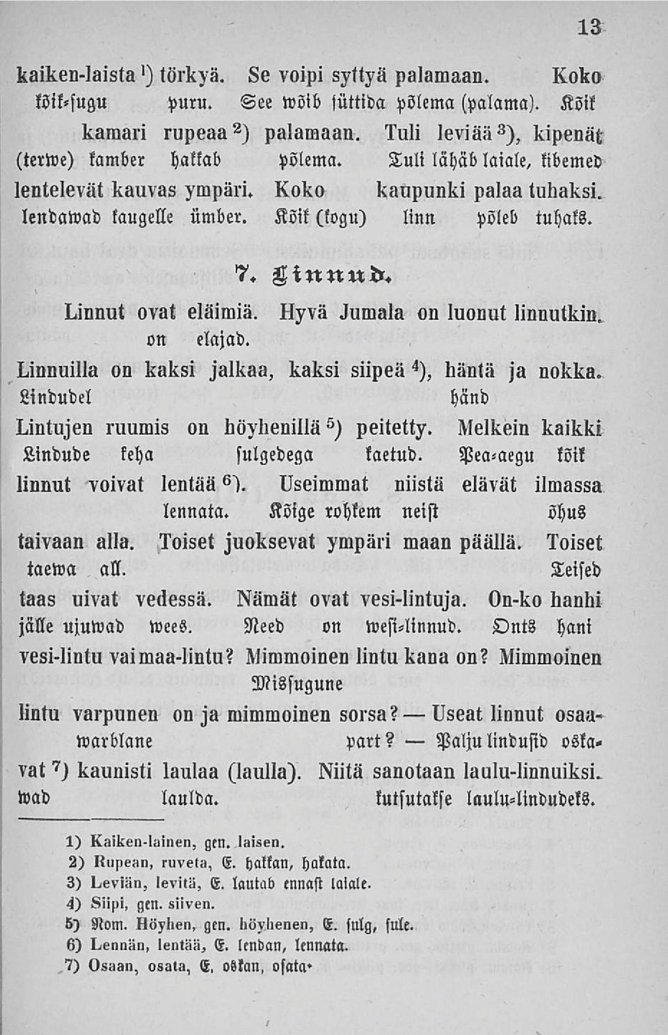 13 Hyvä Jumala on luonut linnutkin. Linnuilla on kaksi jalkaa, kaksi siipeä 4 ), häntä ja nokka. Lindudel hand Lintujen ruumis on höyhenillä 5 ) peitetty. Melkein kaikki Lindude leha sulgedega kaetud.